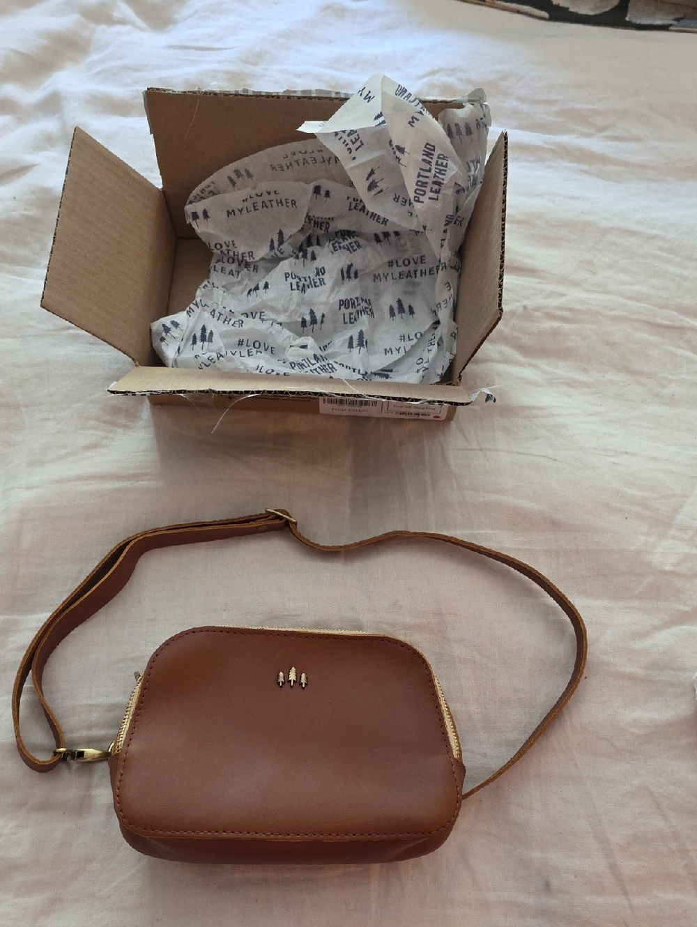 NWOT Portland Leather Goods Brown Leather Crossbody Bag with Gold Accents